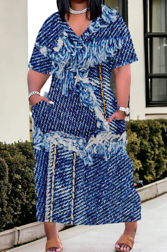 Deep Blue Elegant Print Pocket Patchwork V Neck Straight Plus Size Dresses
