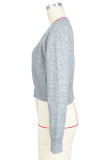 Grey Casual Solid Color Buckle Patchwork Button Collar Tops
