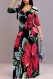 Navy Blue Elegant Floral Print Lace Up V Neck Printed Dresses