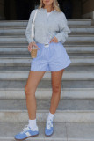 Grey Casual Solid Color Buckle Patchwork Button Collar Tops