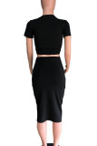 Black Casual Letters Patchwork O Neck Short Sleeve Two Pieces