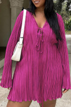 Rose Red Sexy Solid Color Patchwork Ruched Strap Design V Neck Straight Plus Size Dresses