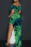 Multicolor Elegant Print Patchwork Backless High Slit Off Shoulder Long Dresses