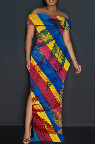 Multicolor Elegant Print Patchwork Backless High Slit Off Shoulder Long Dresses