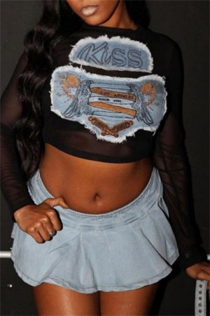 Black Sexy Casual Patchwork See-Through O Neck Tops