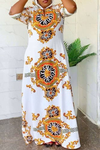White Casual Street Daily Vacation Print Slit Hooded Dresses