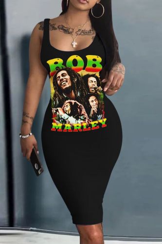 Black Casual Print Basic U Neck Vest Dresses