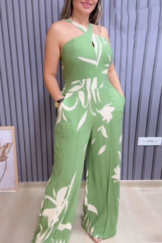 Green Casual Street Daily Vacation Floral Print Halter Regular Jumpsuits