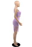 White Sexy Casual Solid Color Fringed Trim U Neck Sleeveless Two Pieces