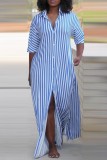 Green Casual Striped Print Buttons Slit Turndown Collar Shirt Dresses