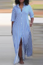 Light Blue Casual Striped Print Buttons Slit Turndown Collar Shirt Dresses