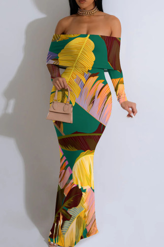 Multicolor Elegant Print Patchwork Backless Off Shoulder Long Dresses