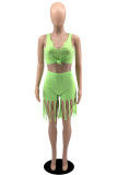 White Sexy Casual Solid Color Fringed Trim U Neck Sleeveless Two Pieces