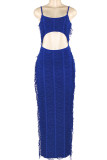 Blue Sexy Solid Color Hollow Out Patchwork Ruched Spaghetti Strap Sling Dresses