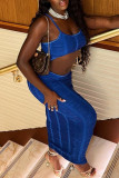 Blue Sexy Solid Color Hollow Out Patchwork Ruched Spaghetti Strap Sling Dresses