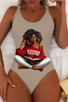 Khaki Sexy Letter Print Basic Swimwears (Without Paddings)