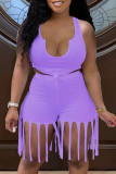White Sexy Casual Solid Color Fringed Trim U Neck Sleeveless Two Pieces