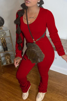 Deep Red Casual Solid Color Pocket Patchwork Ruched U Neck Long Sleeve Two Pieces