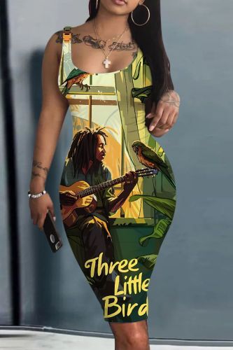 Green Casual Print Basic U Neck Vest Dresses