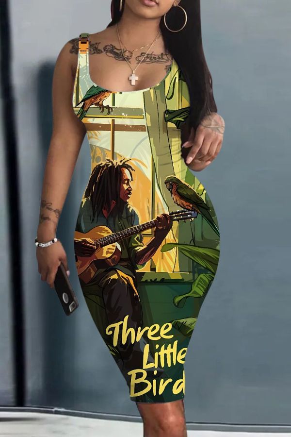 Green Casual Print Basic U Neck Vest Dresses