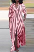 Red Casual Striped Print Buttons Slit Turndown Collar Shirt Dresses