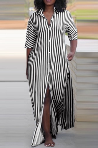 Black Casual Striped Print Buttons Slit Turndown Collar Shirt Dresses