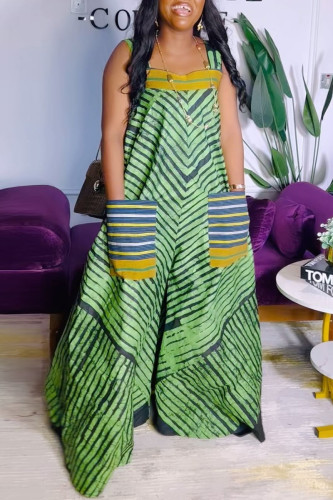 Green Casual Street Daily Vacation Print Pocket Contrast Square Neck Regular Jumpsuits