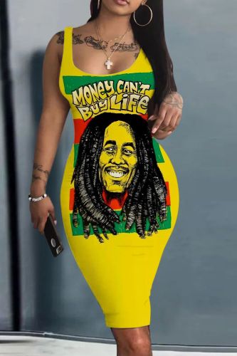 Yellow Casual Print Basic U Neck Vest Dresses