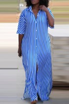 Blue Casual Striped Print Buttons Slit Turndown Collar Shirt Dresses