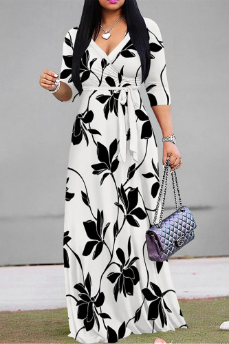 White Black Elegant Flowers Print Lace Up V Neck Printed Dresses