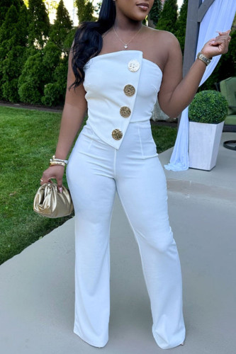 White Sexy Casual Street Daily Vacation Buttons Solid Color Regular Jumpsuits