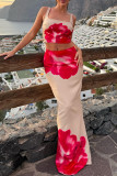Apricot Elegant Print Patchwork Backless Square Neck Sleeveless Two Pieces