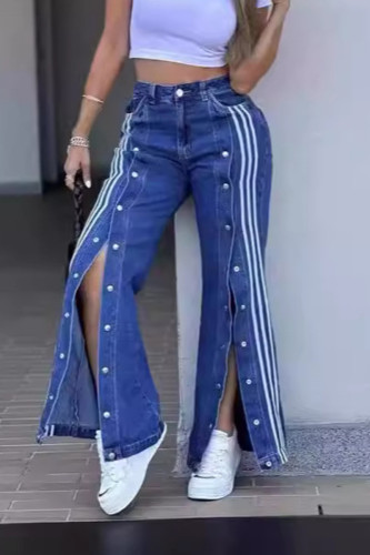 Blue Casual Stripe Pocket Buckle Patchwork Zipper Mid Waist Loose Denim Jeans