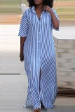 Green Casual Striped Print Buttons Slit Turndown Collar Shirt Dresses