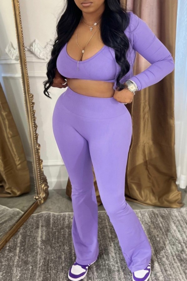 Purple Casual Solid Color Basic Long Sleeve Three Piece Set