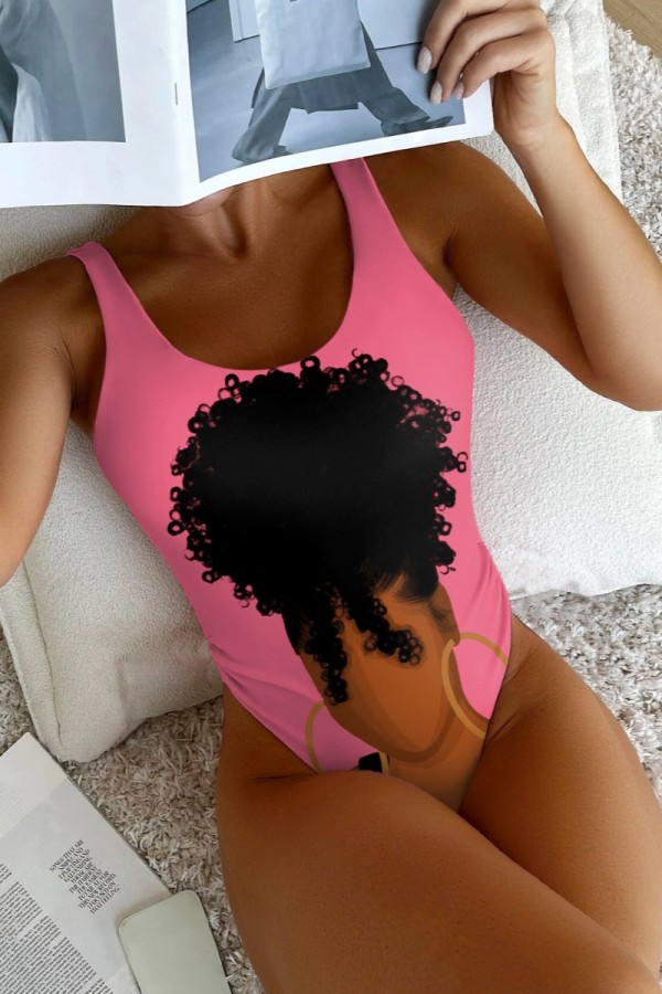 Rose Red Sexy Letter Print Basic Swimwears (Without Paddings)