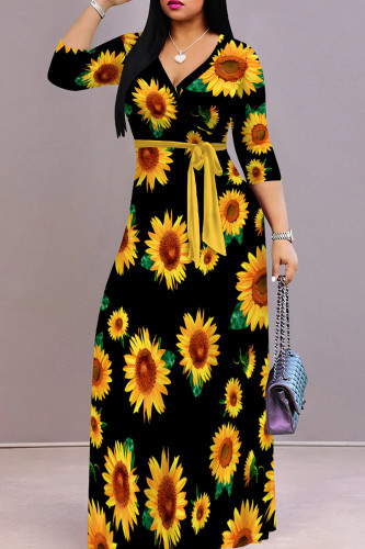 Black Yellow Elegant Print Patchwork Strap Design V Neck Long Dresses