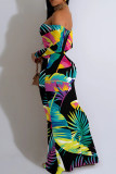 Multicolor Elegant Print Patchwork Backless Off Shoulder Long Dresses