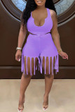 White Sexy Casual Solid Color Fringed Trim U Neck Sleeveless Two Pieces