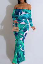 Cyan Elegant Print Patchwork Backless Off Shoulder Long Dresses