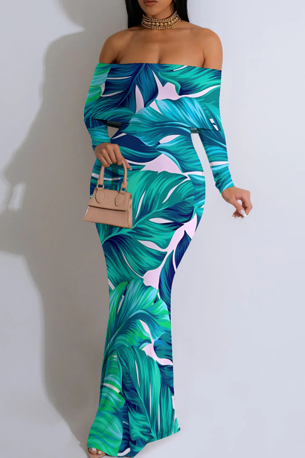 Cyan Elegant Print Patchwork Backless Off Shoulder Long Dresses