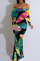 Black Green Elegant Print Patchwork Backless Off Shoulder Long Dresses
