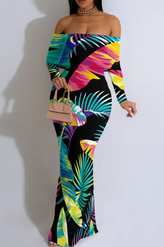 Black Green Elegant Print Patchwork Backless Off Shoulder Long Dresses