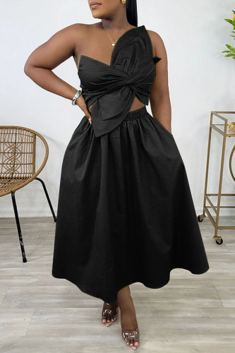 Black Sexy Casual Street Daily Vacation Solid Color Strapless Asymmetrical Dresses