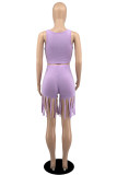 White Sexy Casual Solid Color Fringed Trim U Neck Sleeveless Two Pieces