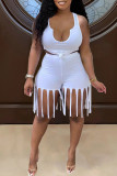 White Sexy Casual Solid Color Fringed Trim U Neck Sleeveless Two Pieces