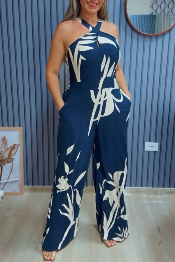 Blue Casual Street Daily Vacation Floral Print Halter Regular Jumpsuits