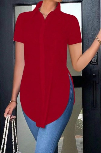 Red Casual Solid Color Slit Shirt Collar Tops