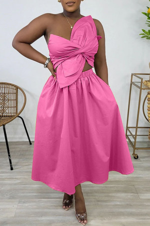Pink Sexy Casual Street Daily Vacation Solid Color Strapless Asymmetrical Dresses
