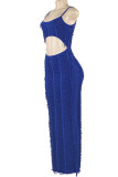 Blue Sexy Solid Color Hollow Out Patchwork Ruched Spaghetti Strap Sling Dresses